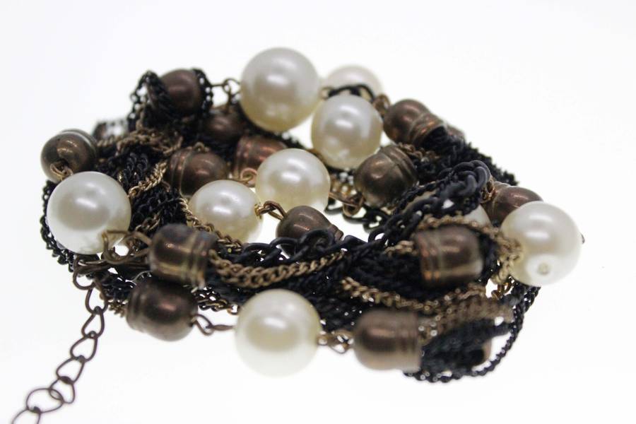 Necklace - Vintage Metal, Black and Gold Tone Multi-strand Long Necklace with Faux Pearls - ML2559