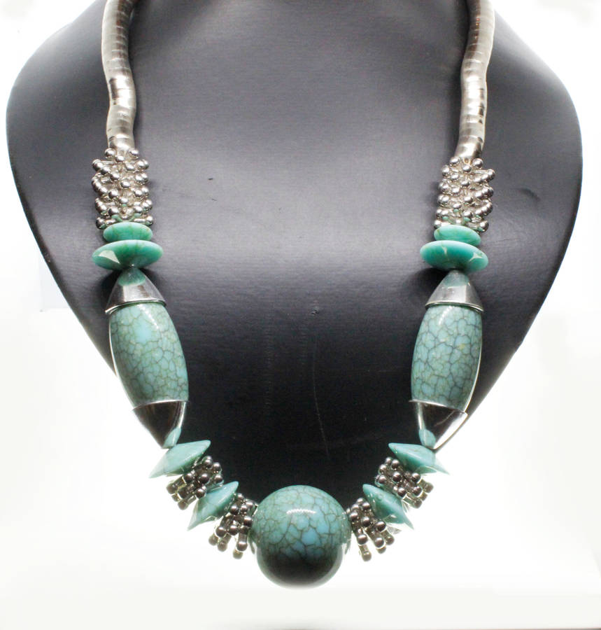 Necklace - Silver Necklace with Turquoise Beads - Lightweight - ML2562