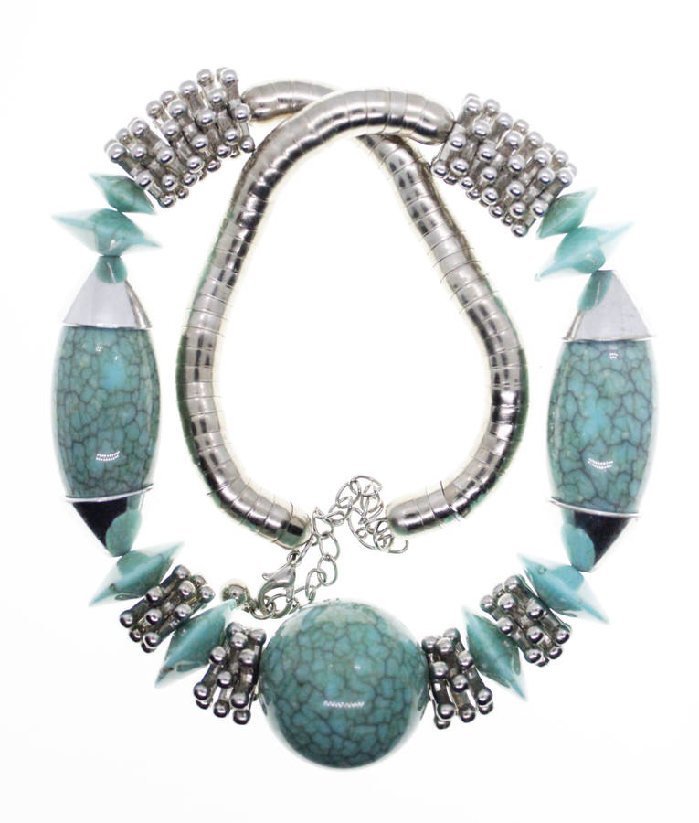 Necklace - Silver Necklace with Turquoise Beads - Lightweight - ML2562