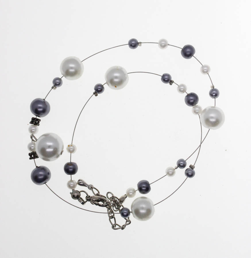 Necklace -  Silver Tone Pearly and Black Beaded Necklace on Gut . Assorted Sizes - ML2588