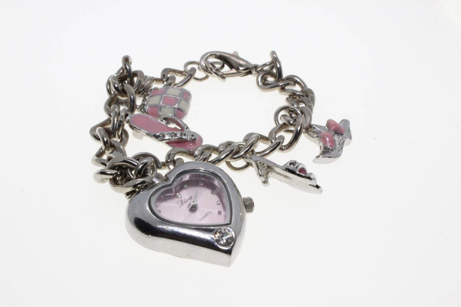 Bracelet - Vintage Silver Tone Charm Bracelet with Pink and White Girly Charms, Diva Heart Clock ...