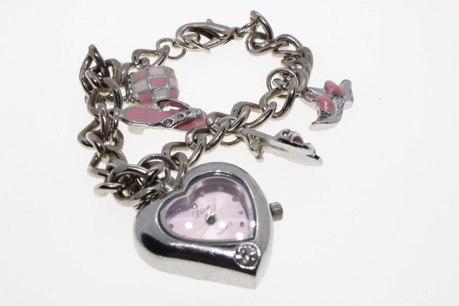 Bracelet - Vintage Silver Tone Charm Bracelet with Pink and White Girly Charms, Diva Heart Clock ...