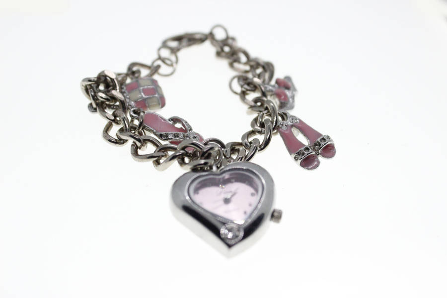Bracelet - Vintage Silver Tone Charm Bracelet with Pink and White Girly Charms, Diva Heart Clock ...