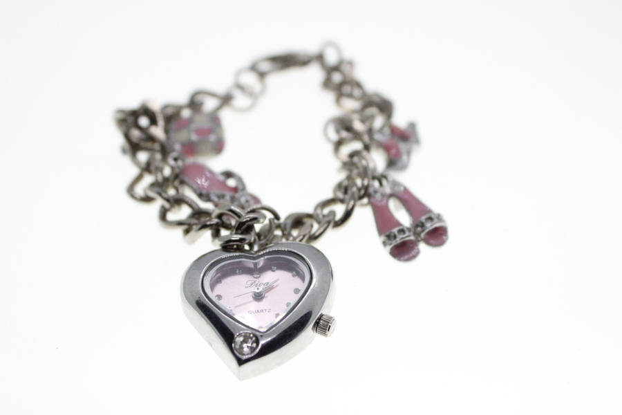 Bracelet - Vintage Silver Tone Charm Bracelet with Pink and White Girly Charms, Diva Heart Clock ...