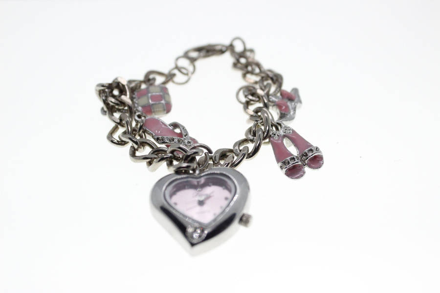 Bracelet - Vintage Silver Tone Charm Bracelet with Pink and White Girly Charms, Diva Heart Clock ...