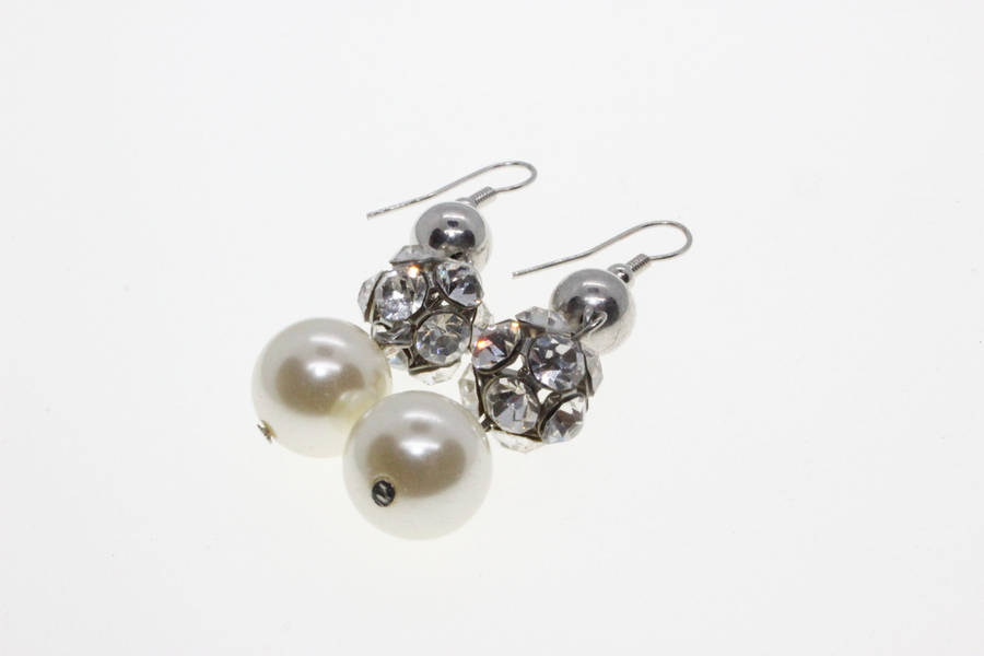 Earrings - Silver Tone White Faux Pearl Disco Ball Drop Earrings - ML2644