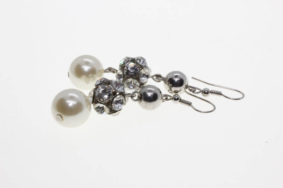 Earrings - Silver Tone White Faux Pearl Disco Ball Drop Earrings - ML2644