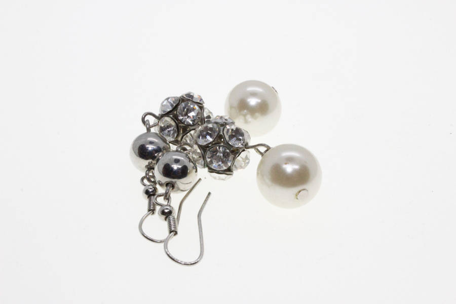 Earrings - Silver Tone White Faux Pearl Disco Ball Drop Earrings - ML2644