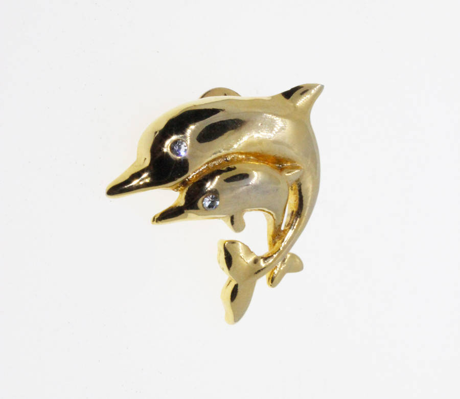 Scarf Pin - Gold Tone Dolphin with Baby. Diamante Eyes - ML2679