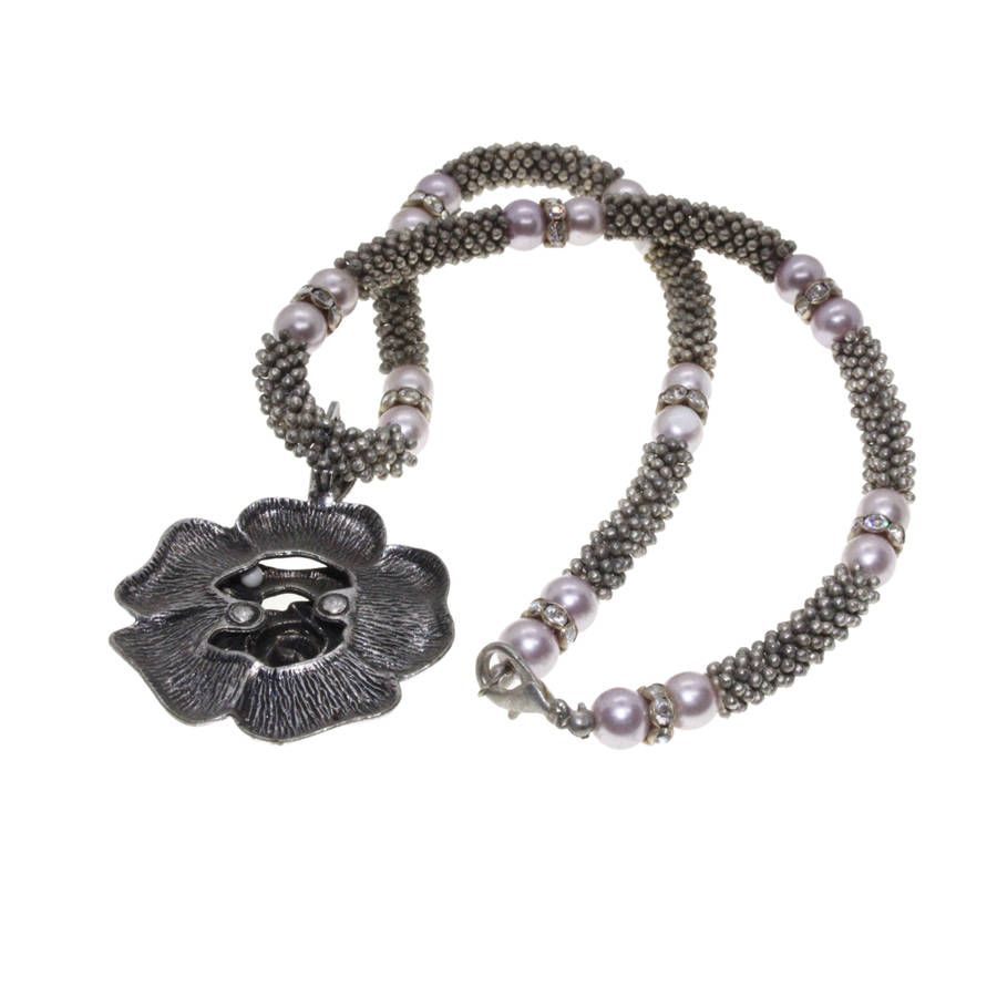 Silver Tone - Mesh Necklace. Faux Pearls/Diamantes. Rose Pendant. - ML2726