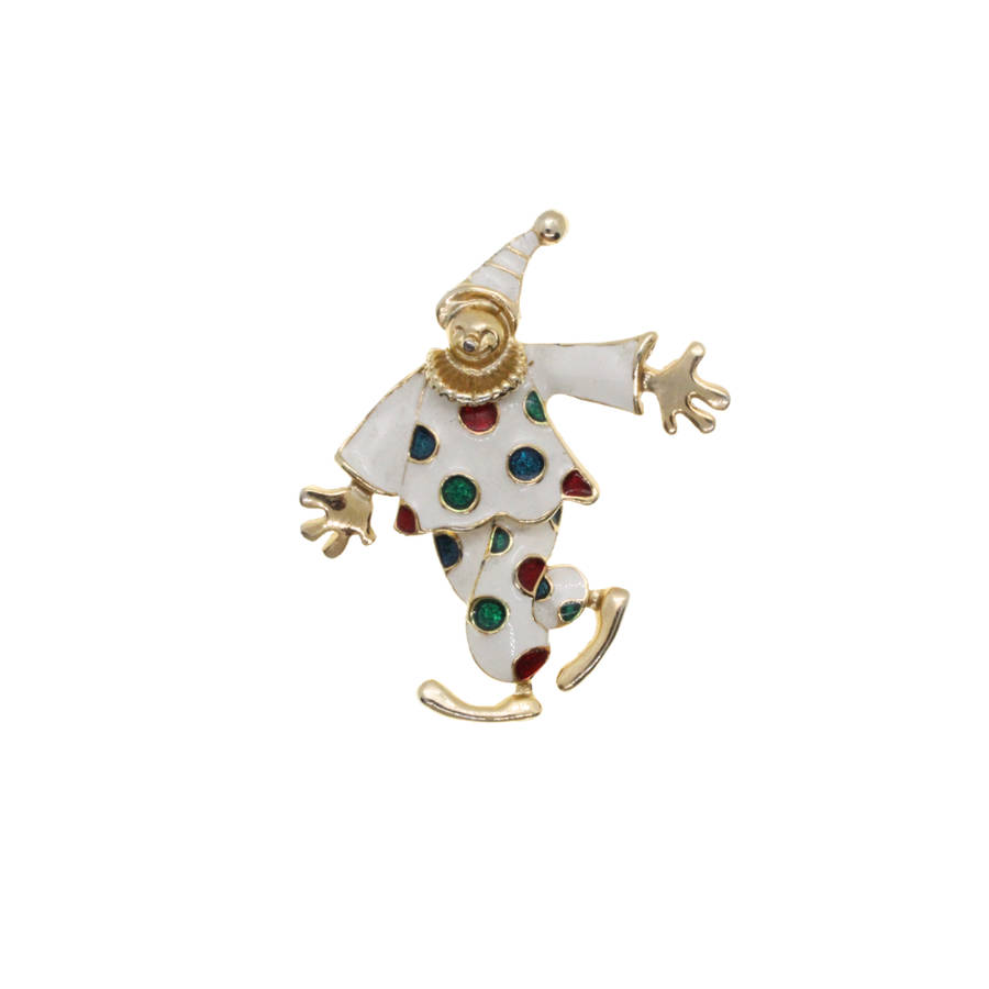 Brooch - Gold Tone Clear Rhinestones, Black & White Enamel Clown Duo. Articulated Legs - ML2738
