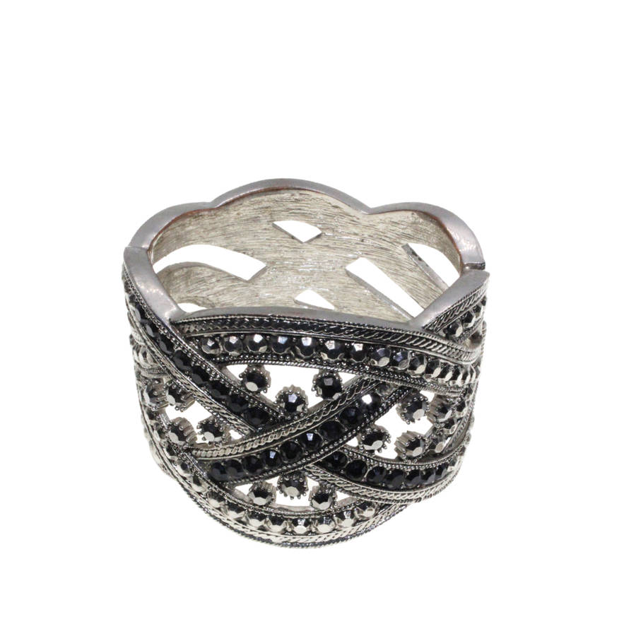 Bangle - Silver Tone Cuff. Plaited and Twisted. Black, Smoky Grey and Silver Diamantes - ML2776