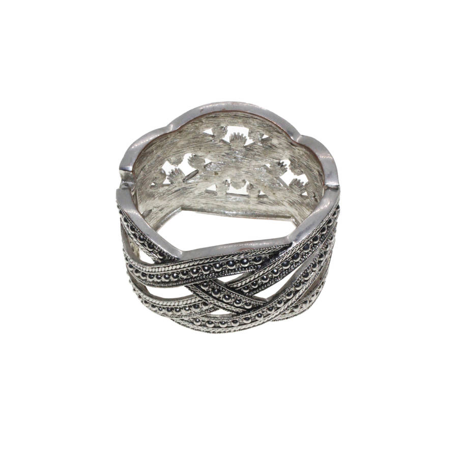Bangle - Silver Tone Cuff. Plaited and Twisted. Black, Smoky Grey and Silver Diamantes - ML2776