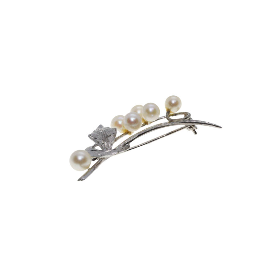 Brooch - Silver Tone Faux Pearl Leaf Flower - ML2787