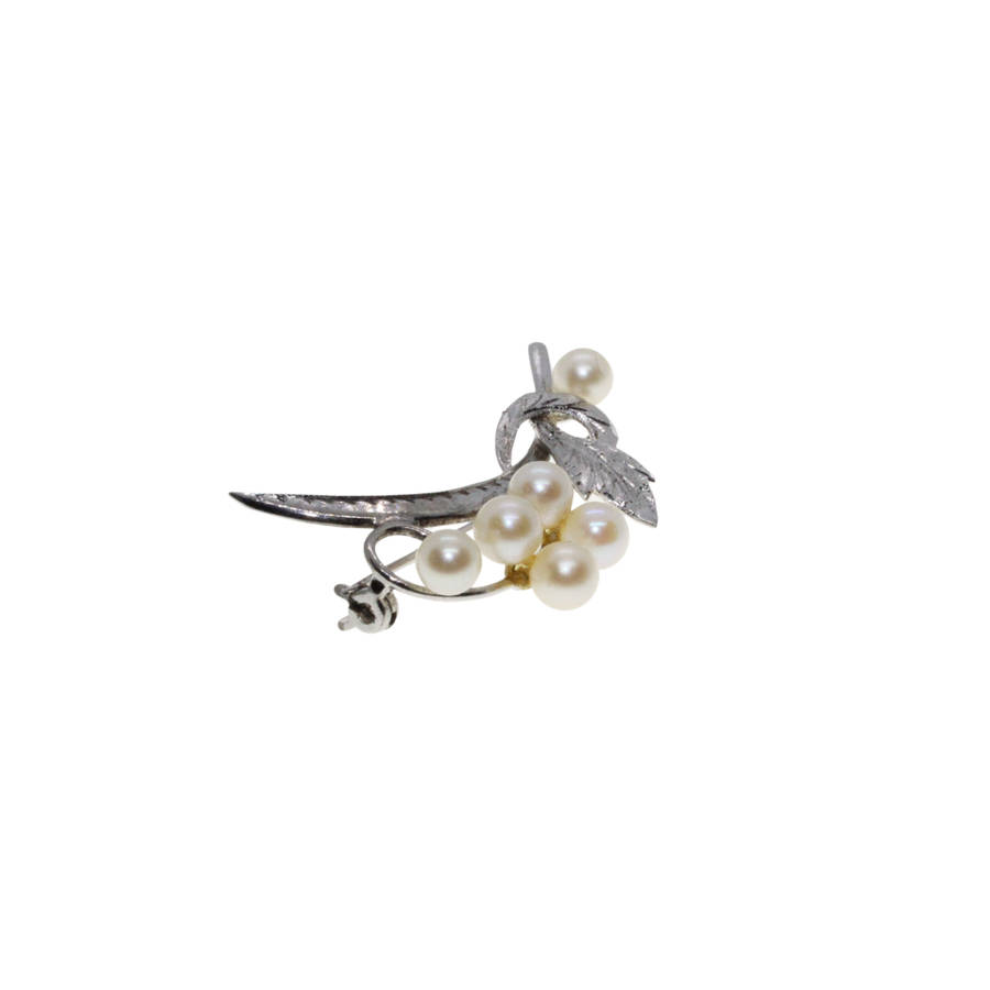 Brooch - Silver Tone Faux Pearl Leaf Flower - ML2787