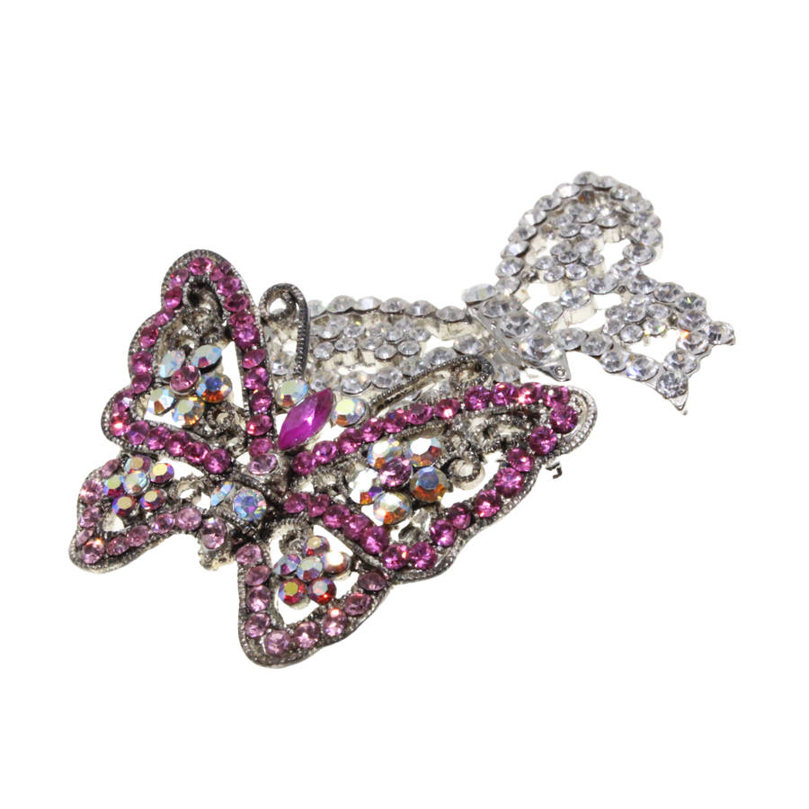 Brooch - Silver Tone. 2 x Diamante Butterfly Brooches.  One Pink One Clear - ML2809