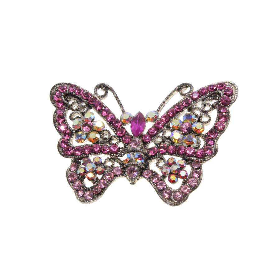 Brooch - Silver Tone. 2 x Diamante Butterfly Brooches.  One Pink One Clear - ML2809