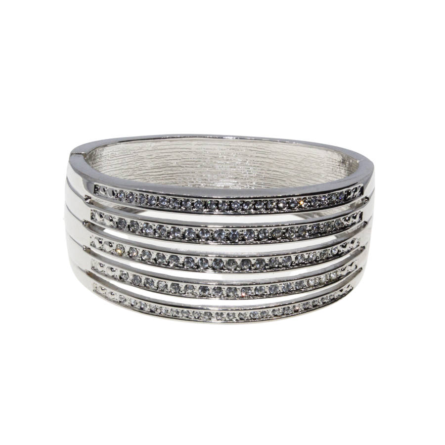 Bangle - Silver Tone Cuff Bangle Solid with strips of Diamantes - ML2813