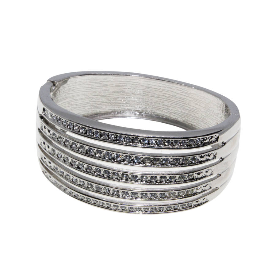 Bangle - Silver Tone Cuff Bangle Solid with strips of Diamantes - ML2813