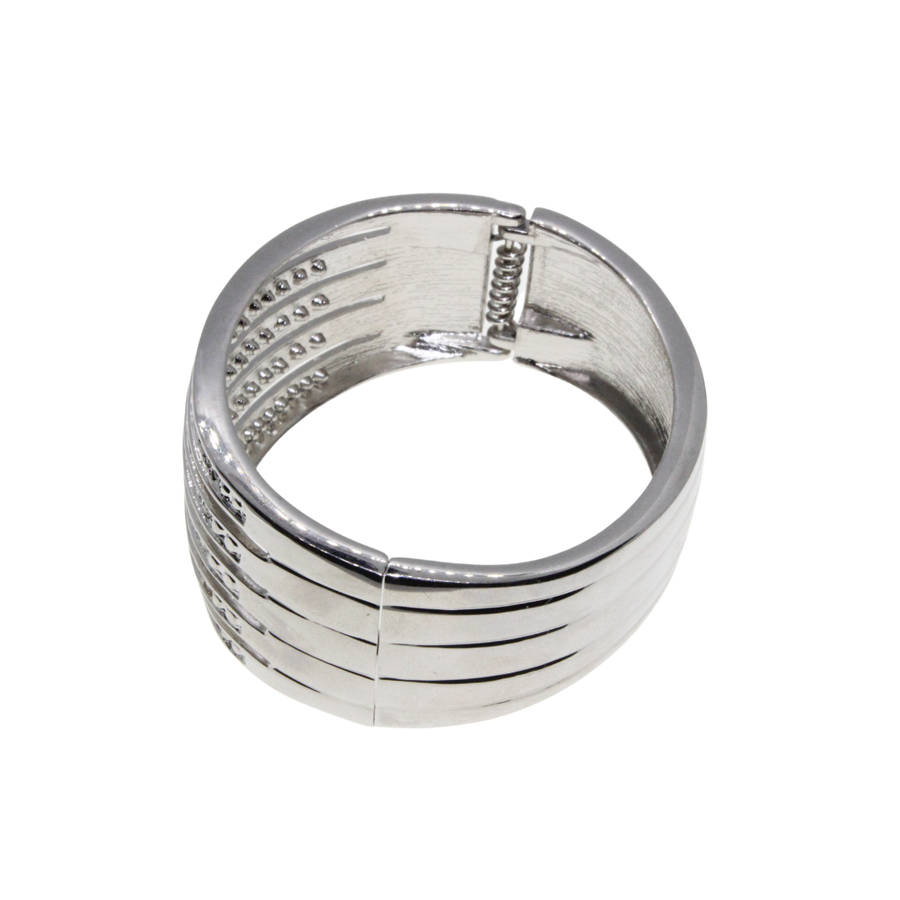 Bangle - Silver Tone Cuff Bangle Solid with strips of Diamantes - ML2813