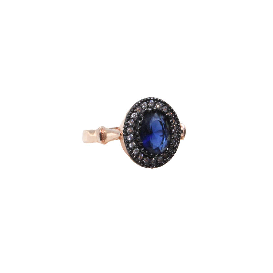 Ring - 925 Silver Princess Di Style Blue Stone surrounded by Diamantes - ML2834