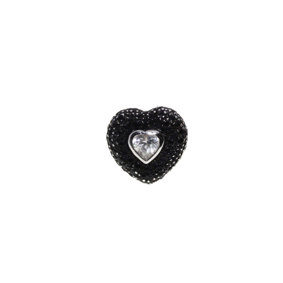 Ring - Silver Tone Heart Shape Black Marcasite Ring. Clear Heart Stone in Centre - ML2858