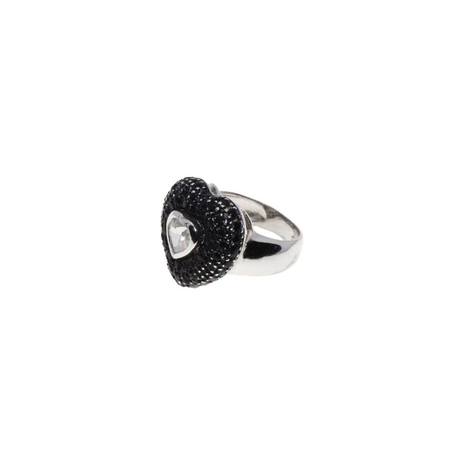 Ring - Silver Tone Heart Shape Black Marcasite Ring. Clear Heart Stone in Centre - ML2858