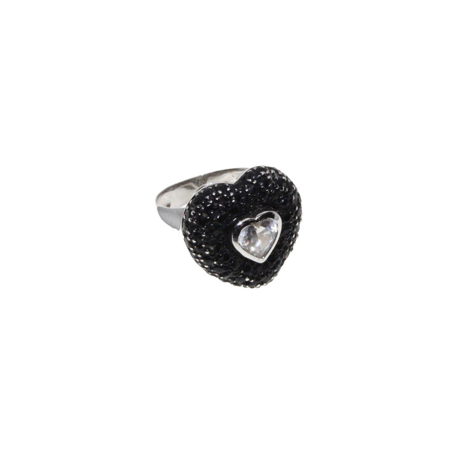 Ring - Silver Tone Heart Shape Black Marcasite Ring. Clear Heart Stone in Centre - ML2858
