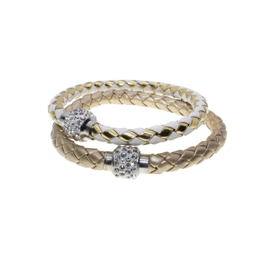 Bracelet - 2 x Gold Tone Pleather Plaited Bracelets with Diamante Baubles - ML2894