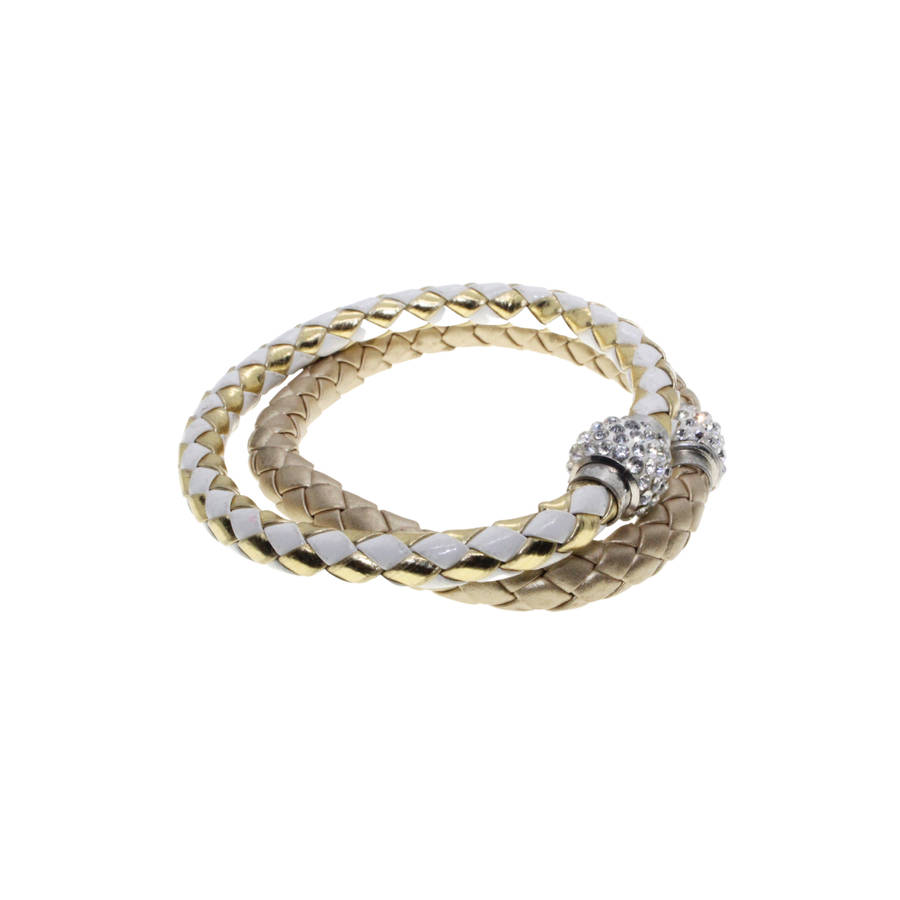 Bracelet - 2 x Gold Tone Pleather Plaited Bracelets with Diamante Baubles - ML2894