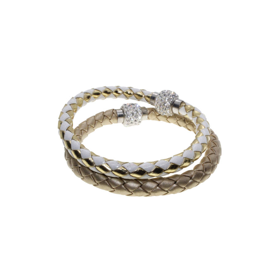 Bracelet - 2 x Gold Tone Pleather Plaited Bracelets with Diamante Baubles - ML2894