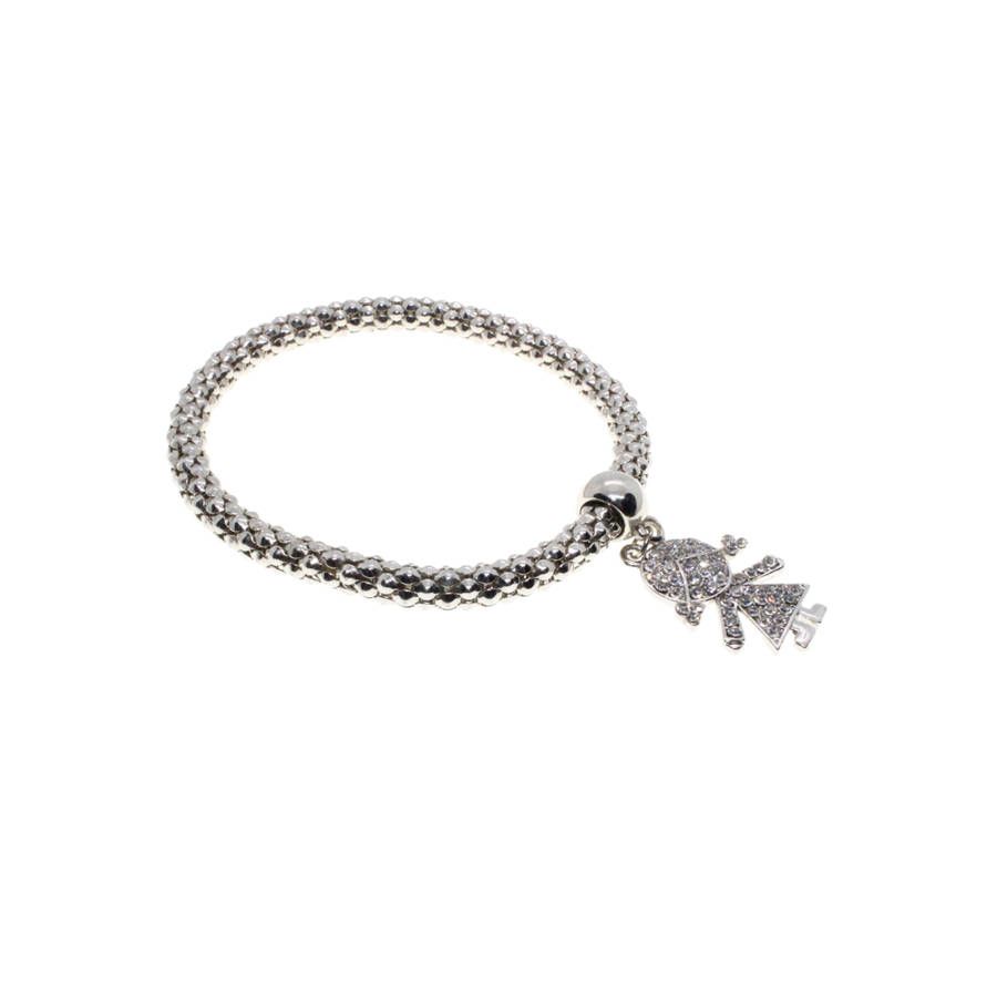 Bracelet - Silver Tone Textured Stretch Band Design. Little Diamante Girl Pendant - ML2895
