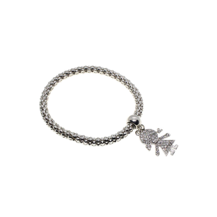 Bracelet - Silver Tone Textured Stretch Band Design. Little Diamante Girl Pendant - ML2895