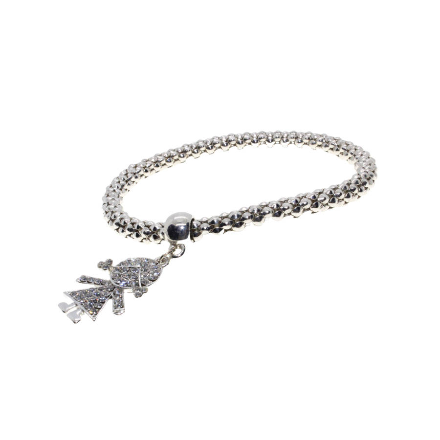 Bracelet - Silver Tone Textured Stretch Band Design. Little Diamante Girl Pendant - ML2895