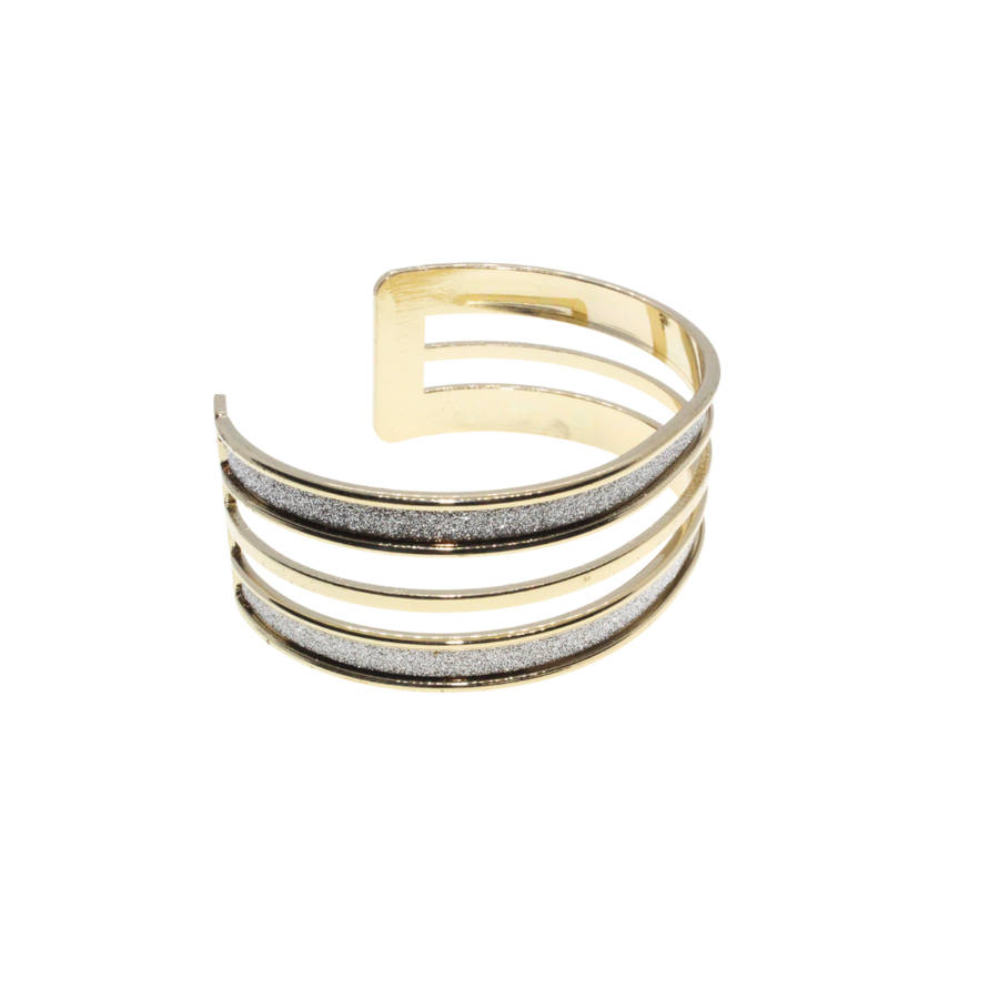 Bangle - Gold Tone Cuff Style Design. 3 Strands with Silver Glitter Inlay - ML2994