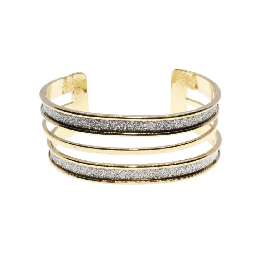 Bangle - Gold Tone Cuff Style Design. 3 Strands with Silver Glitter Inlay - ML2994