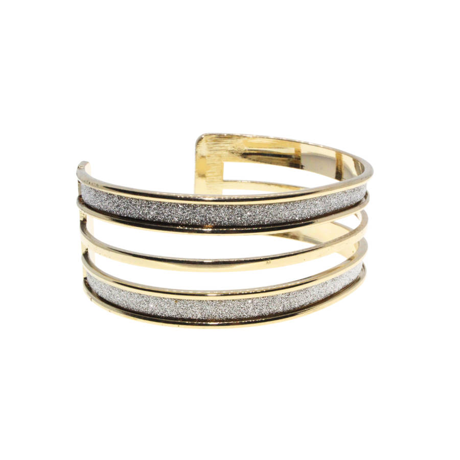 Bangle - Gold Tone Cuff Style Design. 3 Strands with Silver Glitter Inlay - ML2994