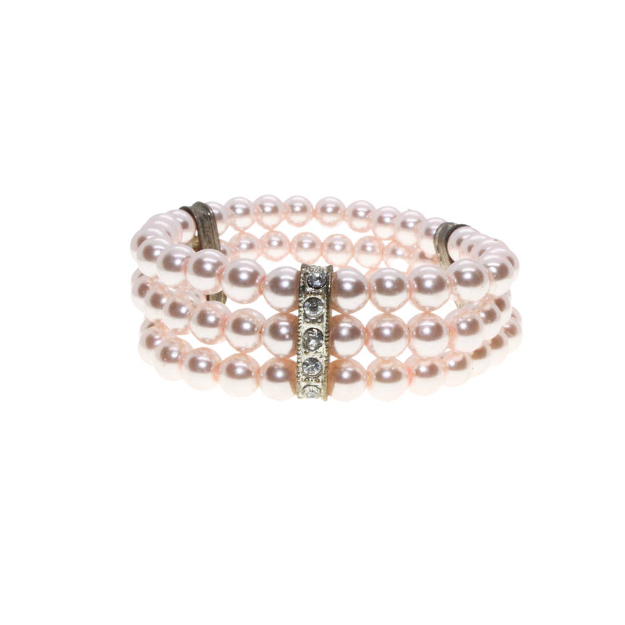 Bracelet  - Silver Tone 3 Layered Pink Faux Pearls with 3 Diamante Strips. Stretchable. - ML2995