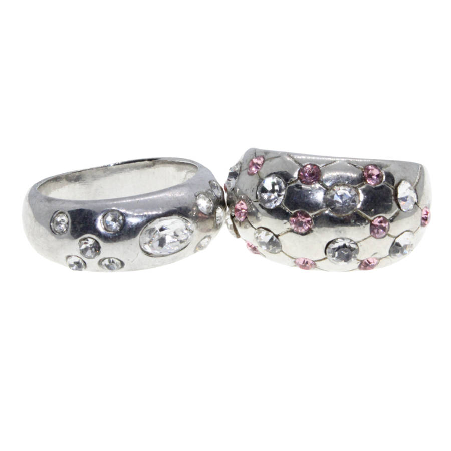Ring - 2 x Silver Tone Chunky Wide Band. Centre filled with Clear & Pink Diamantes - ML3013