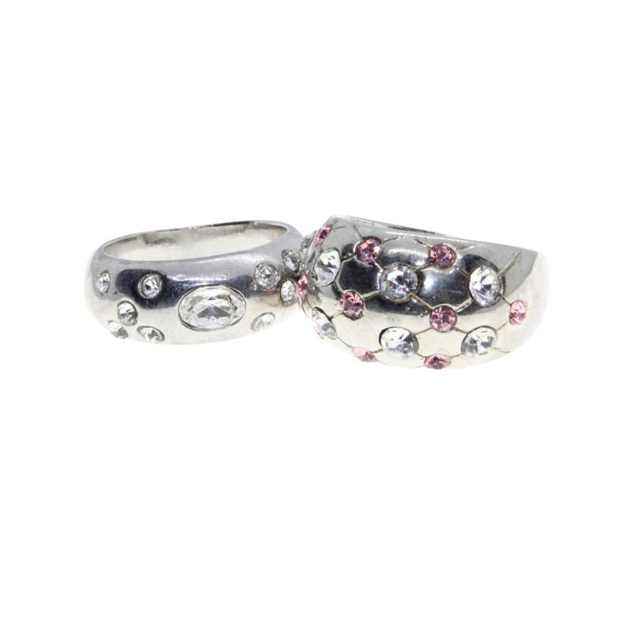 Ring - 2 x Silver Tone Chunky Wide Band. Centre filled with Clear & Pink Diamantes - ML3013