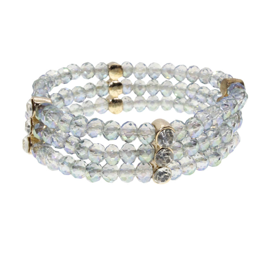 Bracelet - Silver Tone 3 Strand Ocean Blue Beaded Bracelet. Adjustable. 12 Diamantes - ML3016