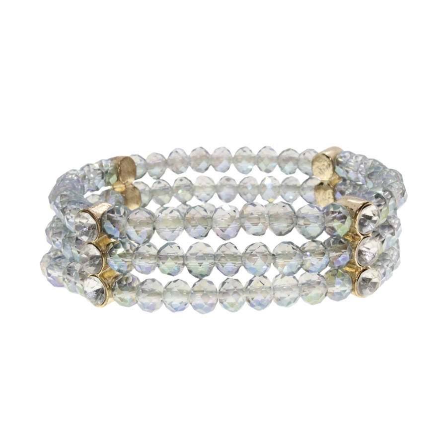 Bracelet - Silver Tone 3 Strand Ocean Blue Beaded Bracelet. Adjustable. 12 Diamantes - ML3016