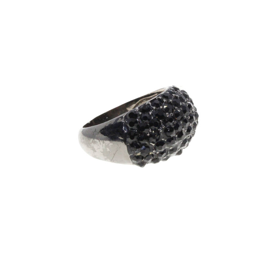 Ring - Gun Metal Tone Chunky Wide Band. Covered in Black Rhinestones - ML3019