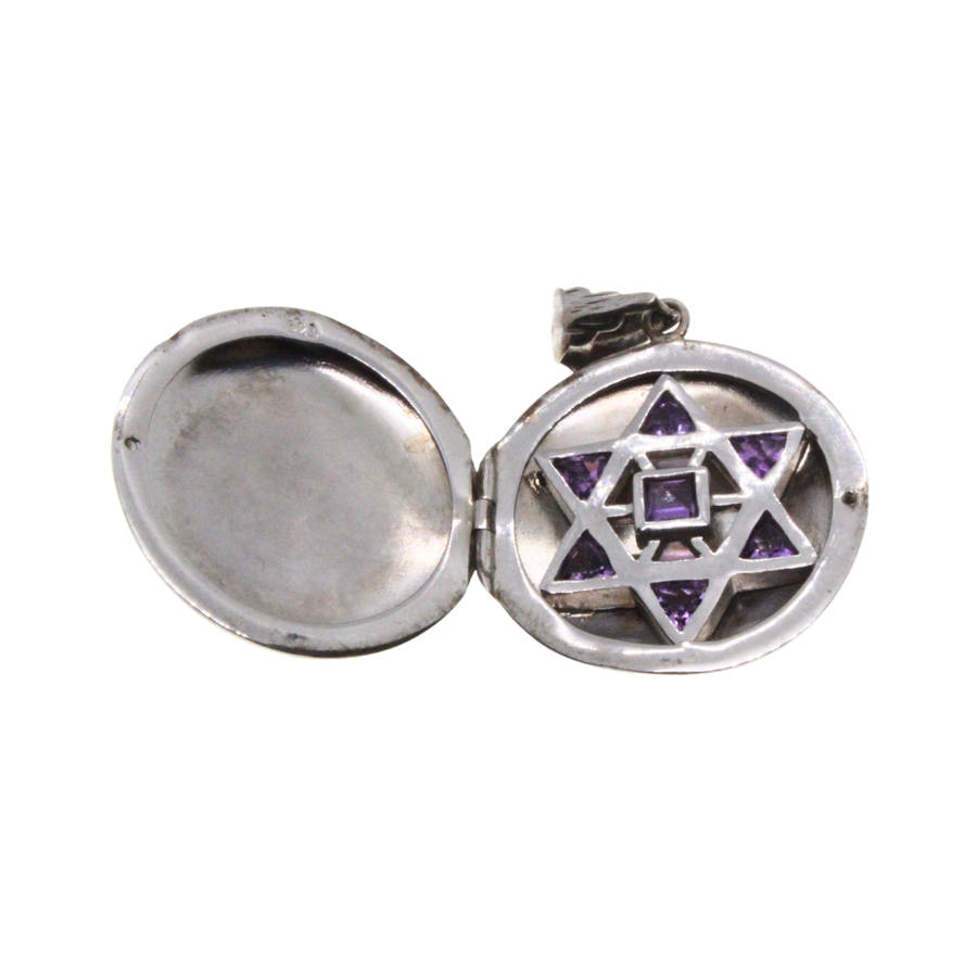 Pendant - 925 Silver Locket. Vintage Magen David Inside. Amethyst Stones - ML3047