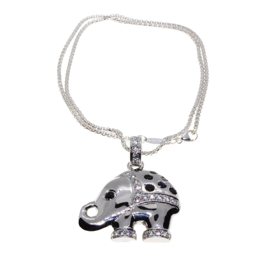 Necklace - 925 Silver Chain with 925 Elephant Pendant. Cubic Zirconia & Black Gemstones - ML3057