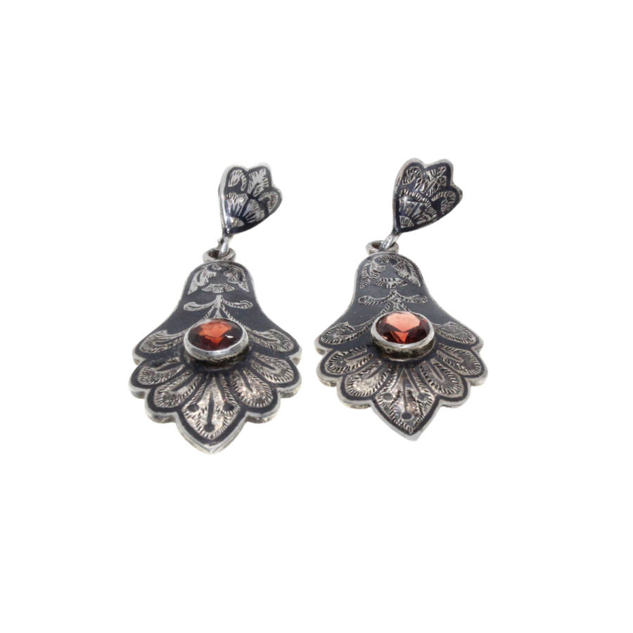Earrings - 925 Silver Vintage Dangle Siam Pattern.  Red Centre Stone. Pierced ears. - ML3086