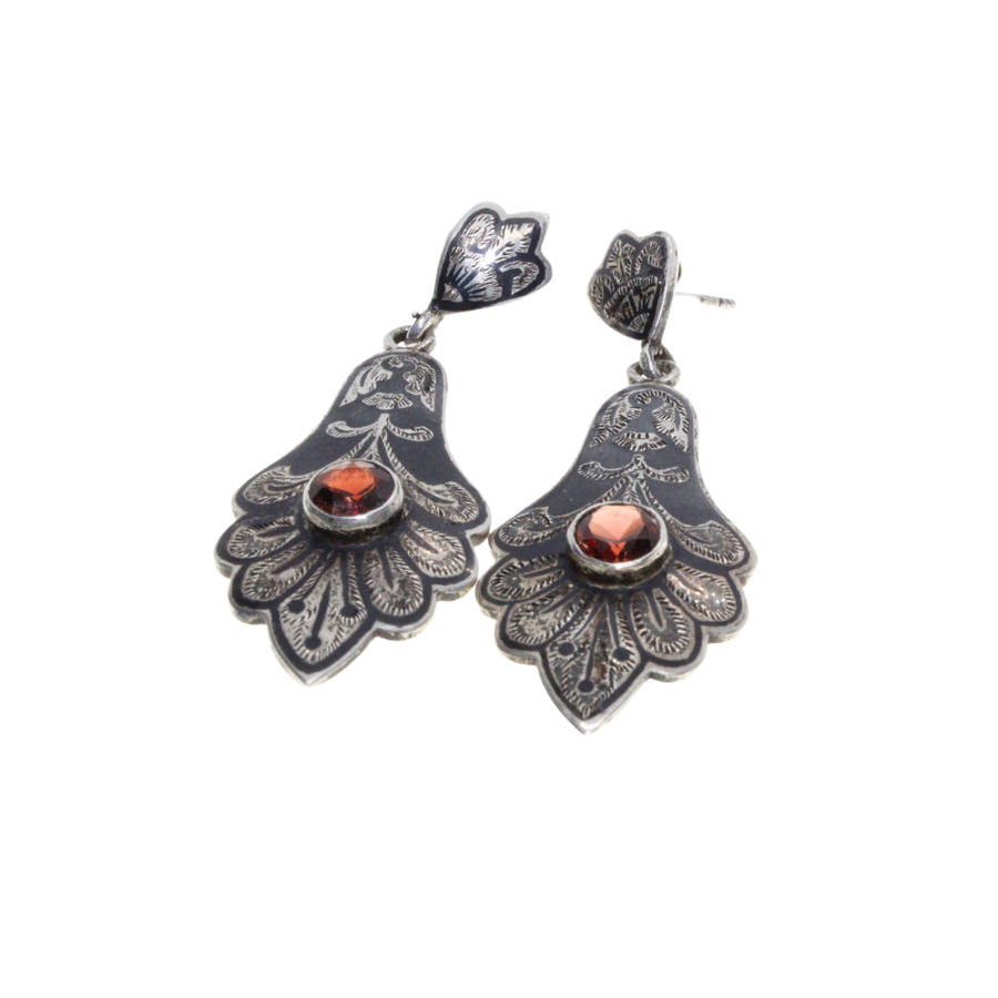 Earrings - 925 Silver Vintage Dangle Siam Pattern.  Red Centre Stone. Pierced ears. - ML3086