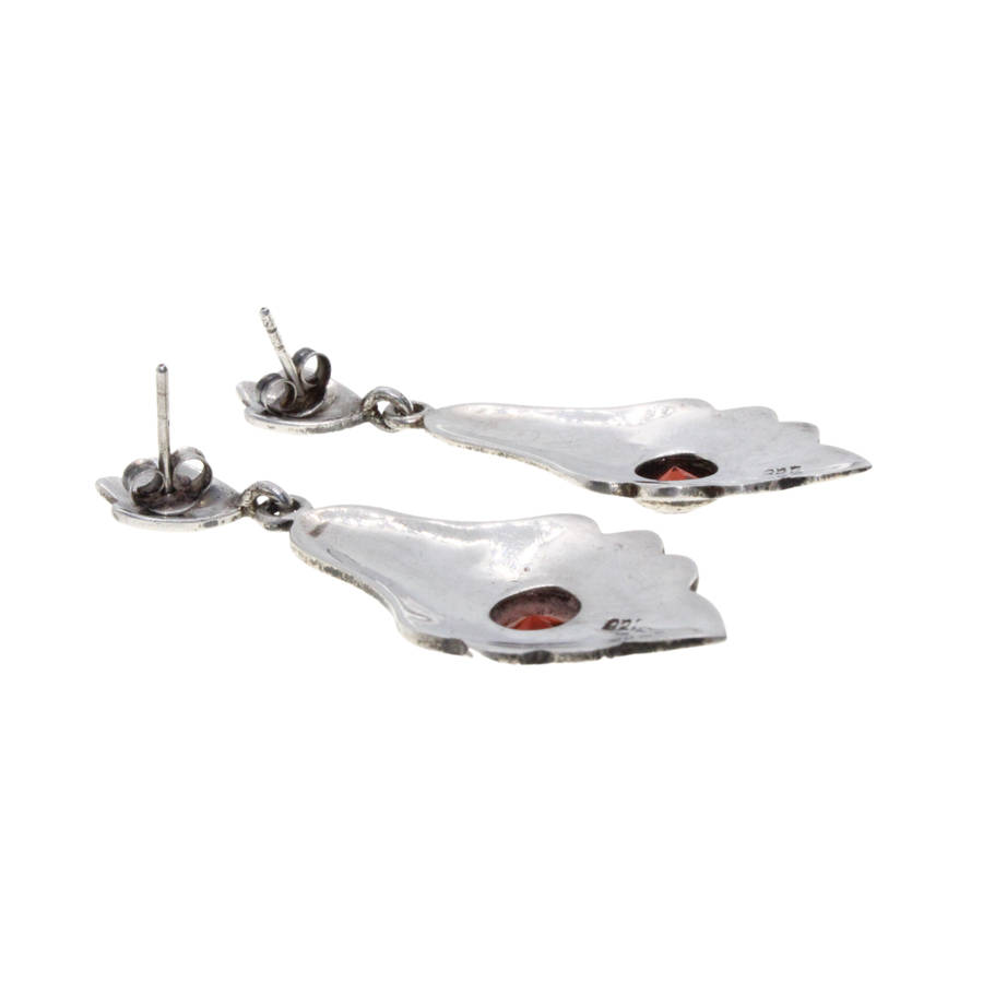 Earrings - 925 Silver Vintage Dangle Siam Pattern.  Red Centre Stone. Pierced ears. - ML3086