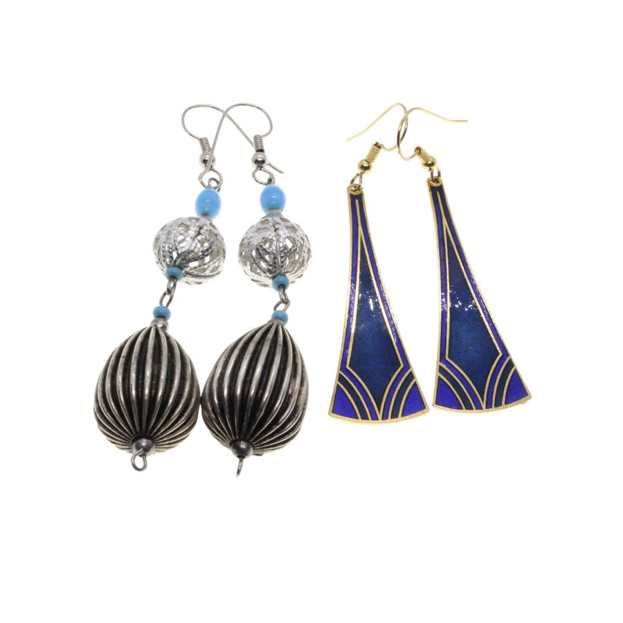 Earrings - Gold Tone Dangly Blue/Gold. Silver Tone Dangly Turquoise/Silver.  Pierced Ears - ML3087