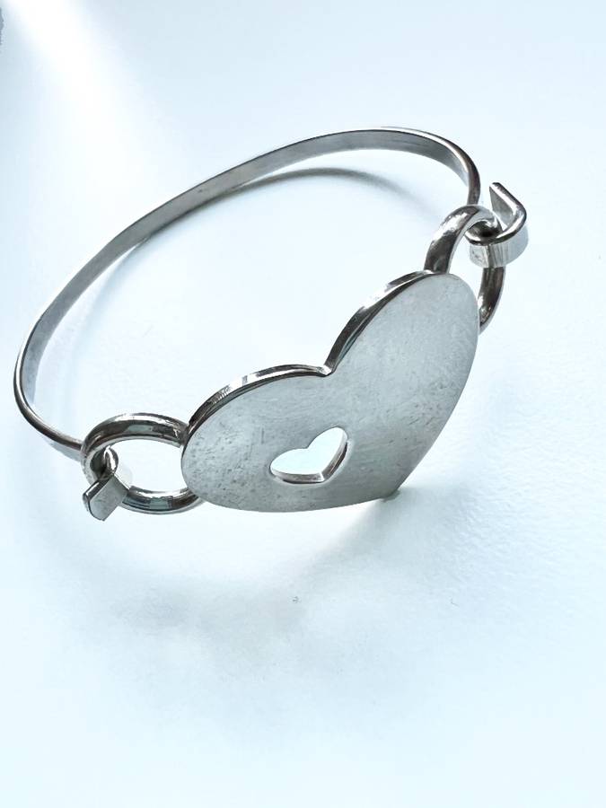 Bangle - Silver Tone Bangle with Large Heart and Small Heart Cut Out ML2023